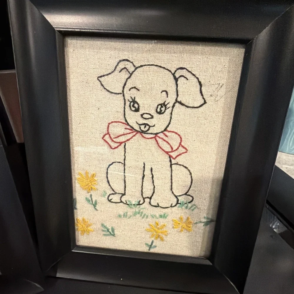 Set‎ Of 4 Vtg Framed Handmade Embroidered Animal Pics Cat Dog Nursery 9